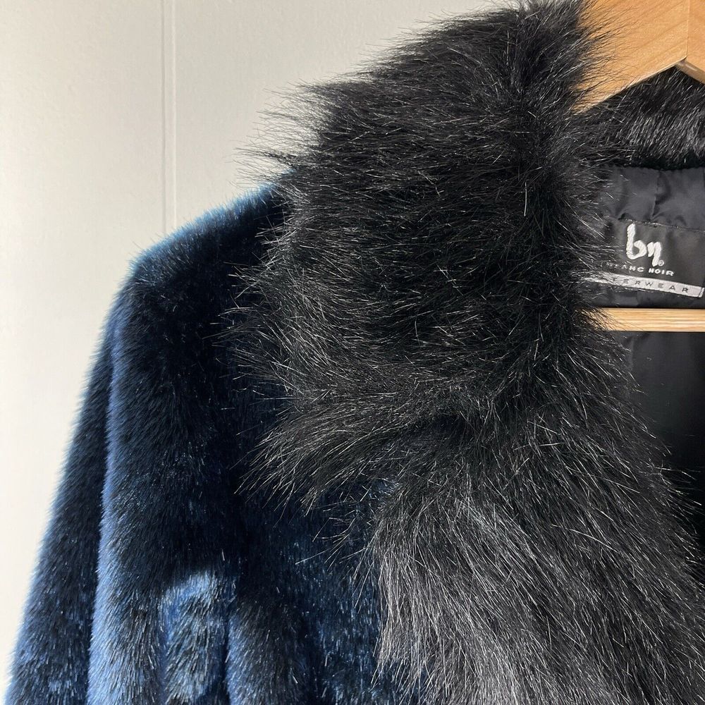 Blanc Noir Outerwear Faux Fur‎ Coat Jacket Blue & Black Mid Length Size Small - Picture 4 of 9